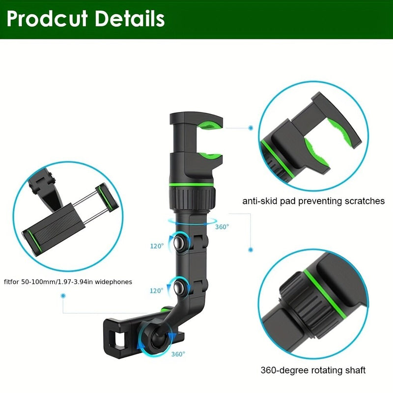 360° Rotatable Rearview Mirror Phone Holder – Retractable Arm