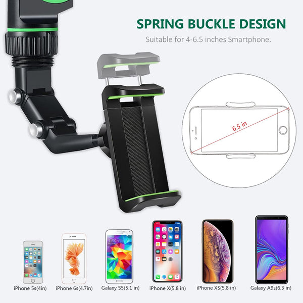360° Rotatable Rearview Mirror Phone Holder – Retractable Arm